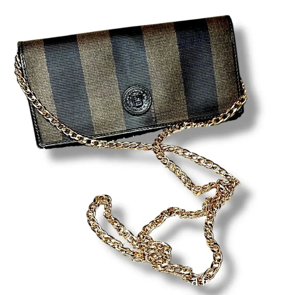 Fendi Black and Taupe Striped Wallet with Removable Gold Tone chain VTG